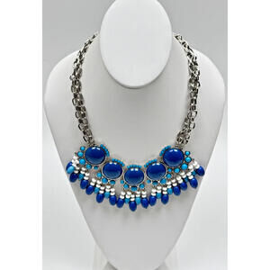Blue Boho Statement Bib Necklace Cabochon Beads Fringe Silver Tone Festival